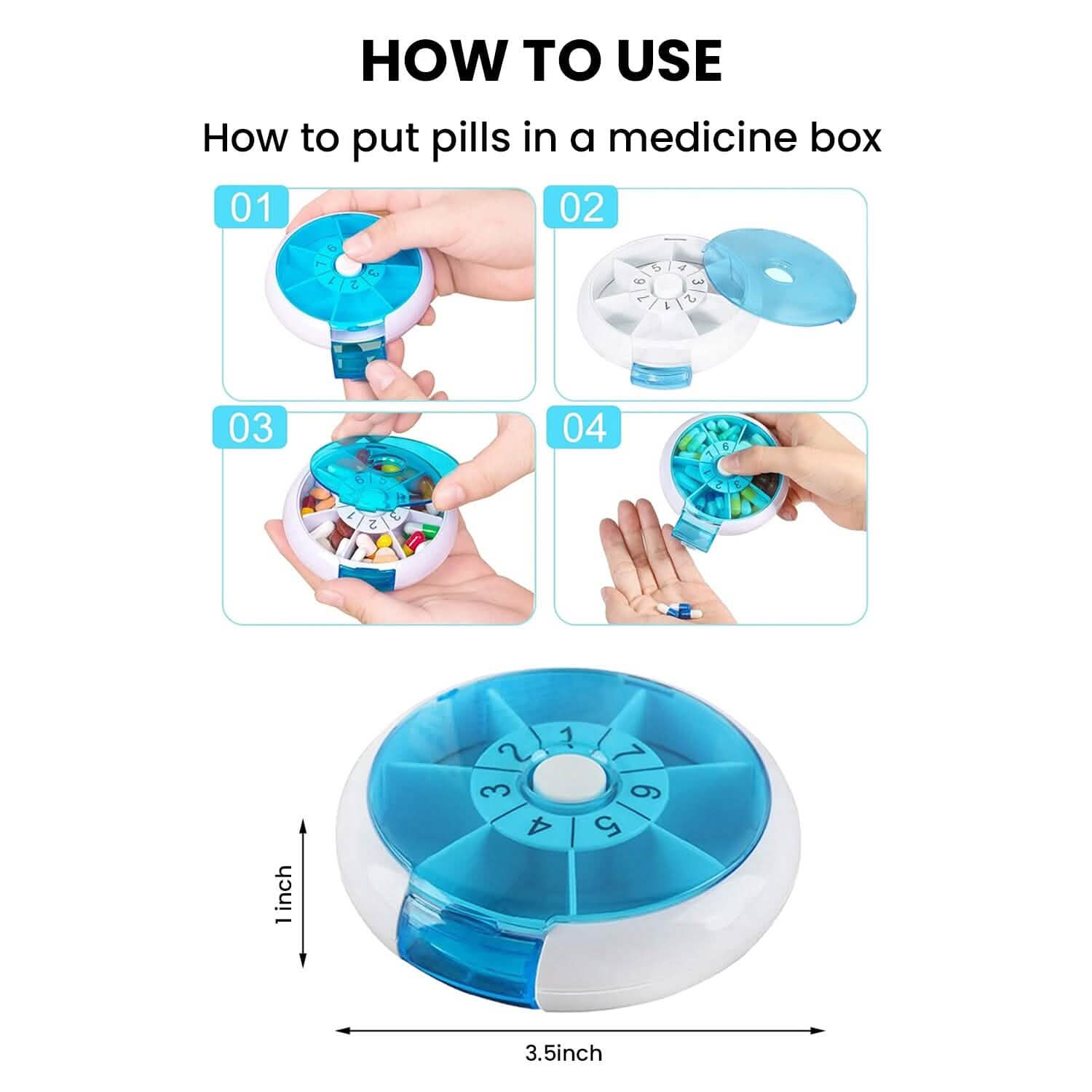 Portable Push Button Rotating Round Case Once A Day Daily Medicine Organizer