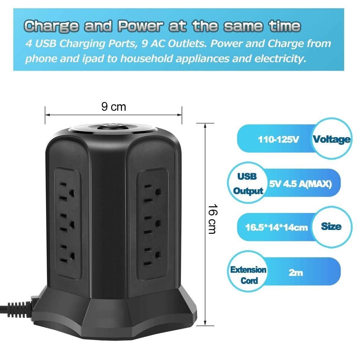 Power Strip Tower with 9 AC-Outlets and 4 USB Charging Ports Switch Control