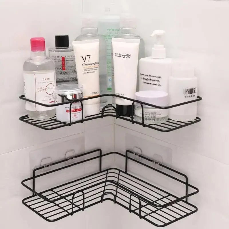 Premium Quality Bathroom Kitchen Punch Corner Frame Shower Shelf Wrought Iron Shampoo Storage Rack Holder with Suction Cup Bathroom Accessories