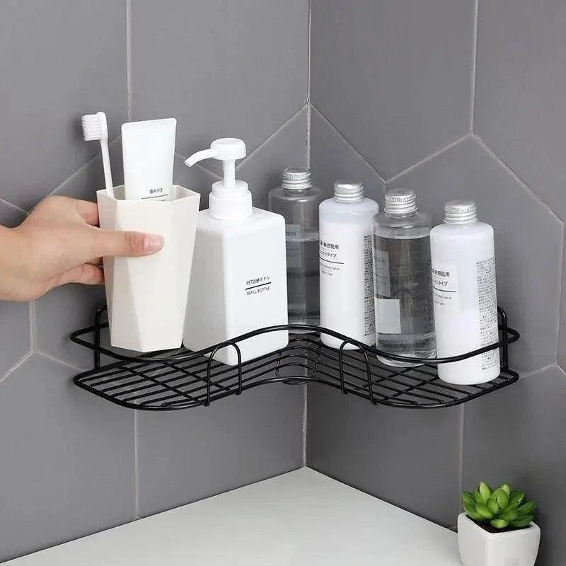 Premium Quality Bathroom Kitchen Punch Corner Frame Shower Shelf Wrought Iron Shampoo Storage Rack Holder with Suction Cup Bathroom Accessories