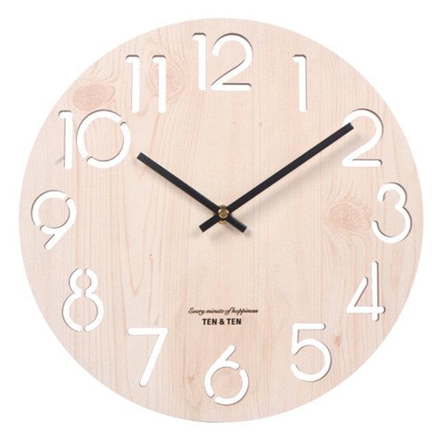Wooden 3D Wall Clock Modern Design Nordic Brief Living Room Decoration Wooden Round Wall Clock Vintage Rustic Clock for Kitchen Bedroom Office Home Silent & Non-Ticking Large Numbers Kitchen Clock Art Hollow Wall Watch Home Decor 12 inch