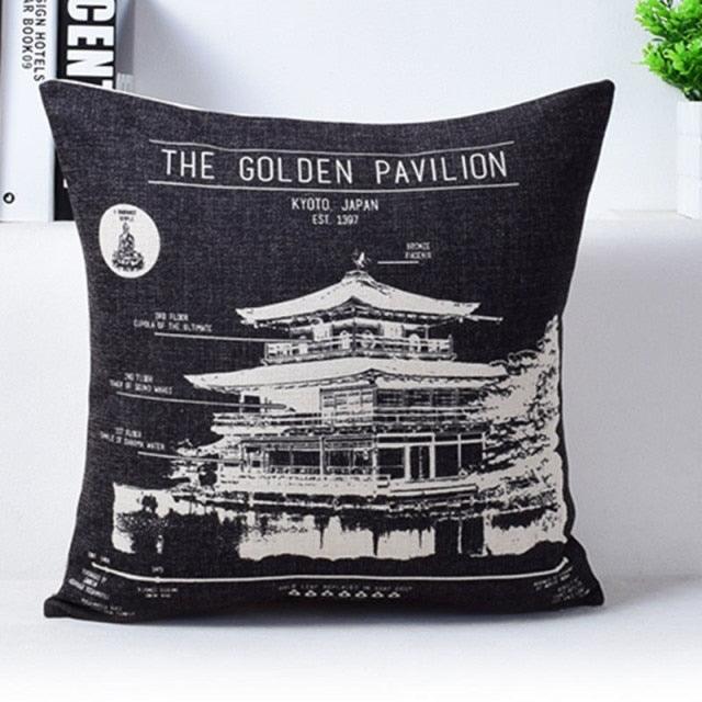 Vintage Style Pillow Covers Camera Newspaper Cushion Cover The Golden Pavilion City Black and Beige Decorative Throw Pillow Old Camera Pillow Cases Cotton Linen Outdoor Indoor Square Cushion Covers for Home Sofa Couch 45X45CM