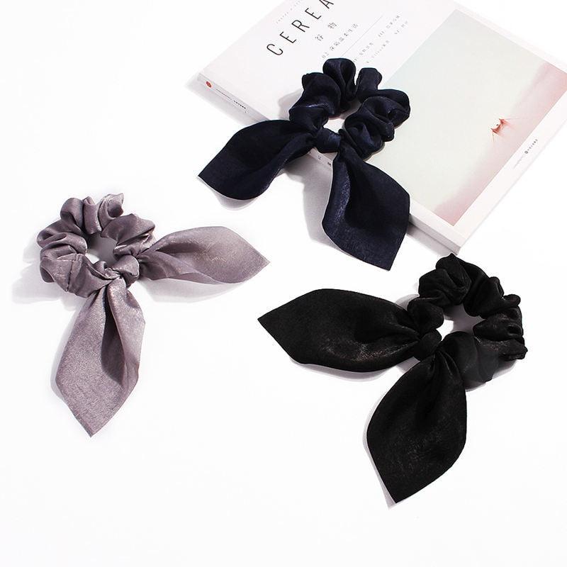 Pure Color Elastic Hair Band Rabbit Ear Bow Pearl Hair Rope Satin Ponytail Scrunchie Bobbles Elastic Hair Ties Ropes Ponytail Holder Accessories for Women And Girls