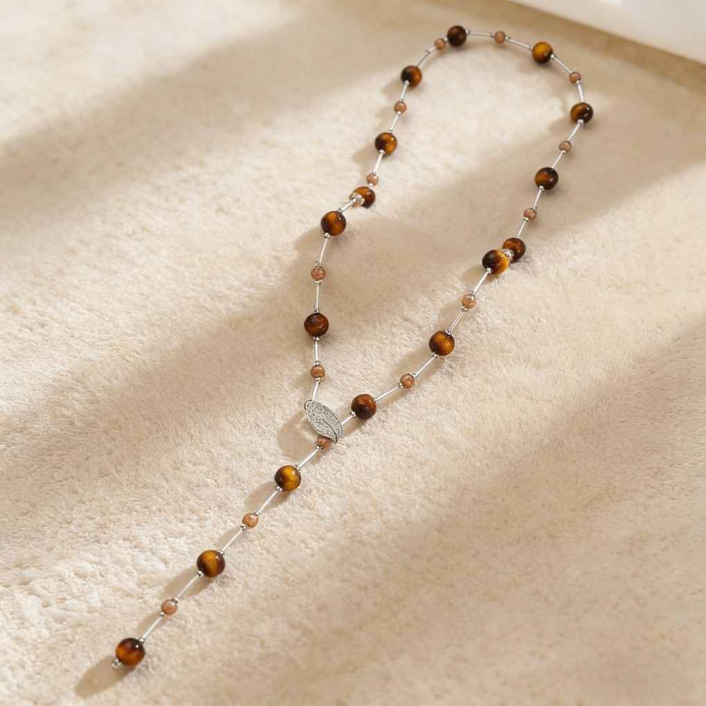 Vintage Beaded Long Necklace with Leaf Pendant