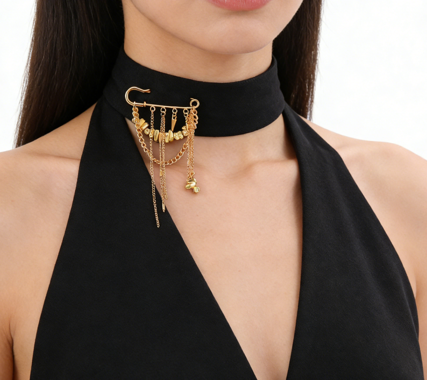 Chain Tassel & Rivet Silver Chip Brooch