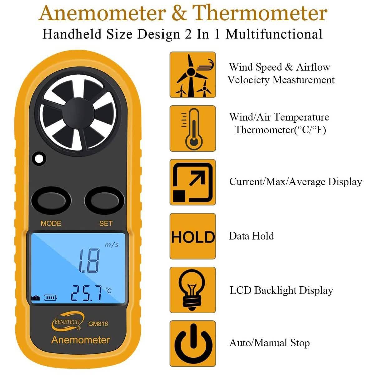 Qotone GM816 Digital Anemometer Wind-Speed Gauge Meter