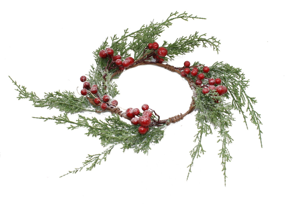 Frosted Faux Cedar Branch Candle Ring with Berries