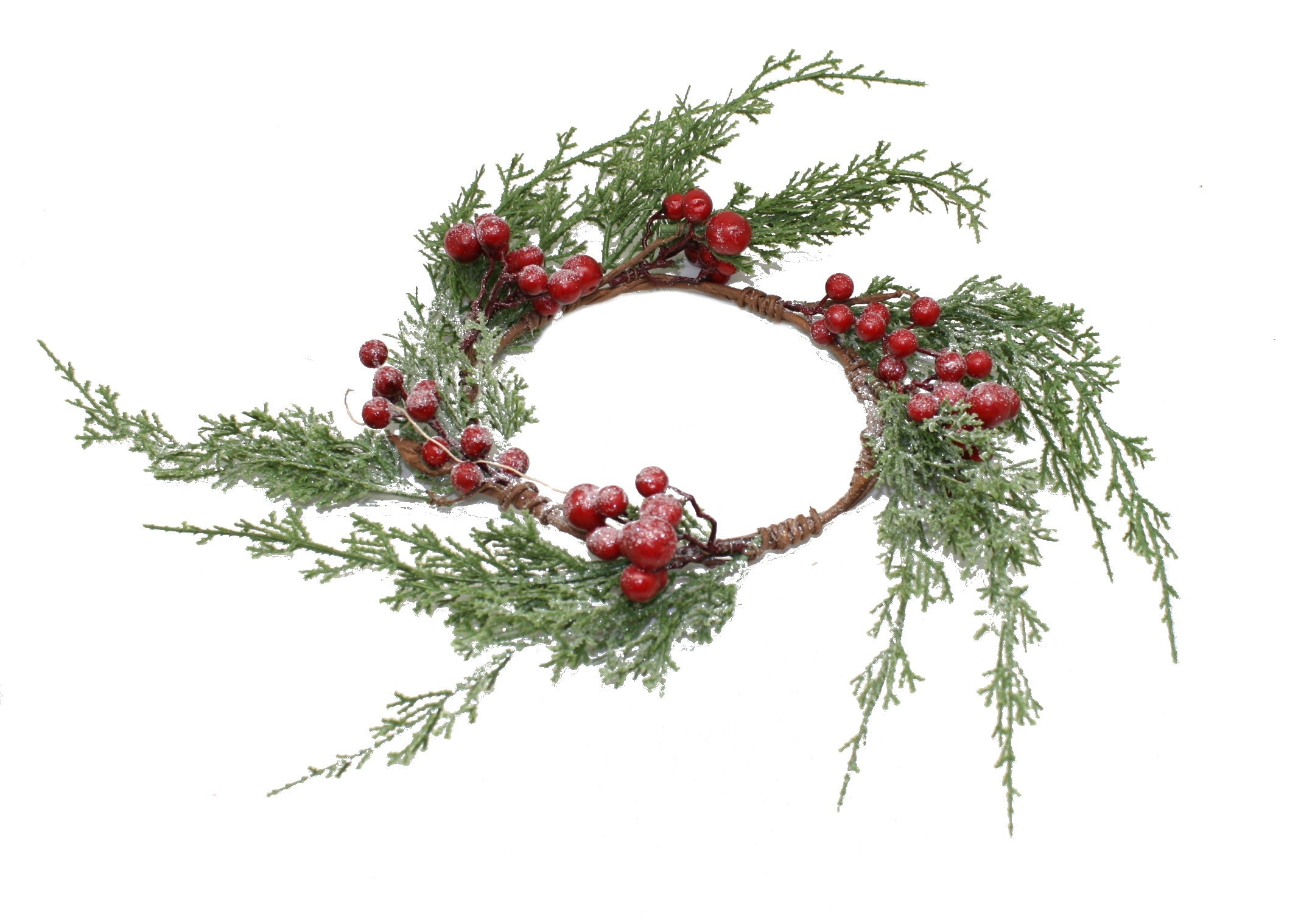 Frosted Faux Cedar Branch Candle Ring with Berries