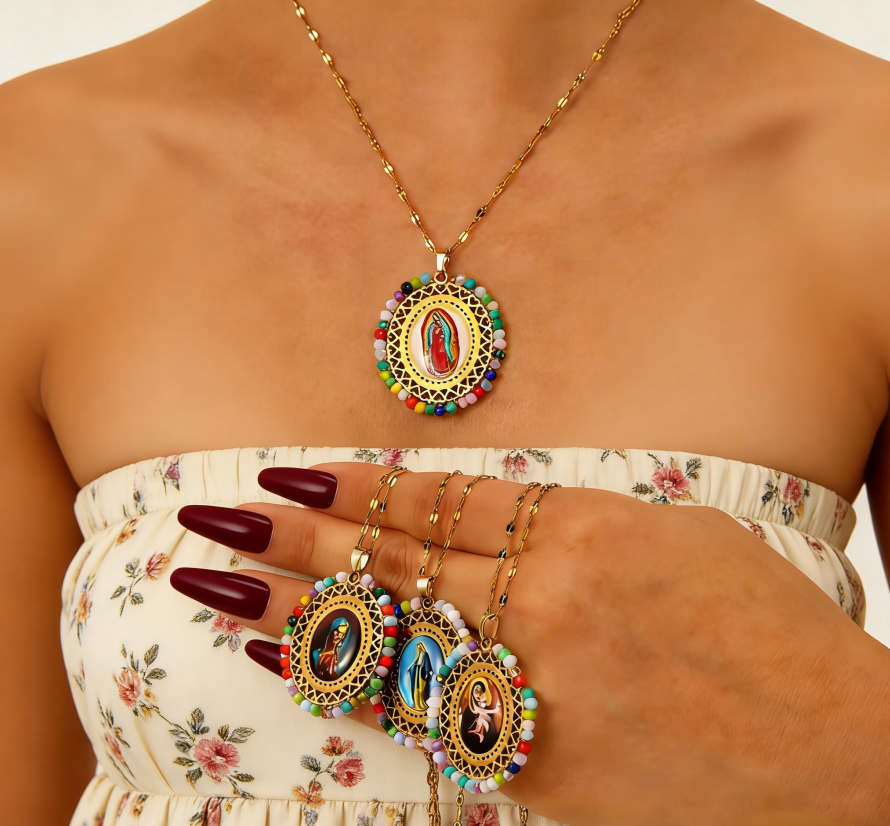 Stainless Steel Virgin Mary Crystal Pendant Necklace