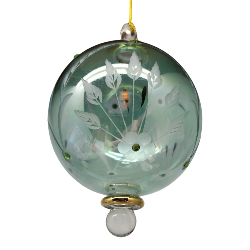 Etched Blown Glass Ball with Crystal Accents - Green