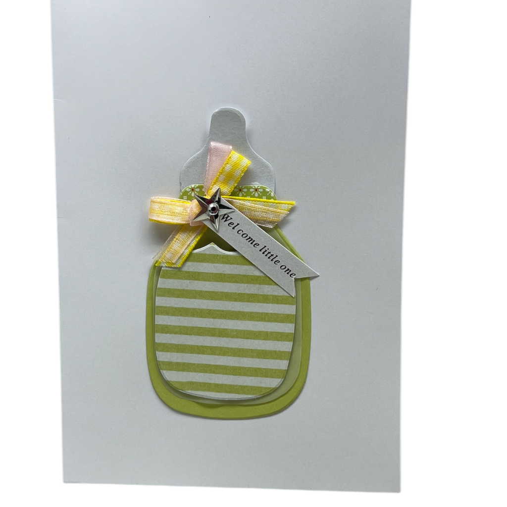 Handmade Embellished Welcome Baby Card - Green Baby Bottle