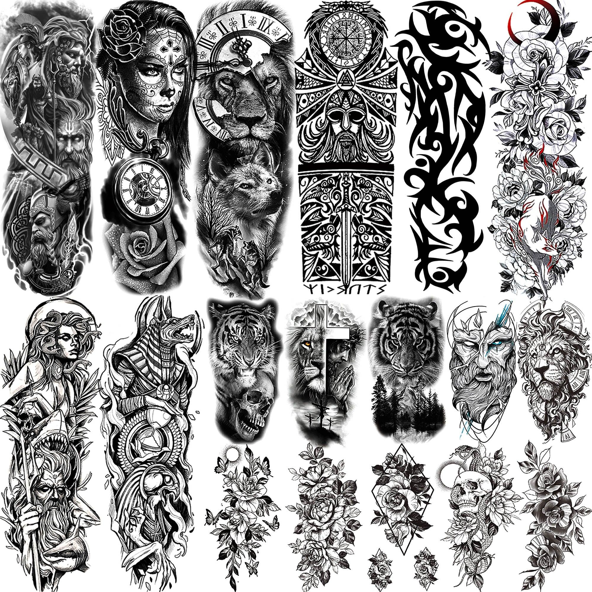Realistic Full Arm Temporary Tattoos Sleeve Fake Tatoos Warrior Lion Tiger Flower Waterproof Tattoo Stickers For Womens Mens