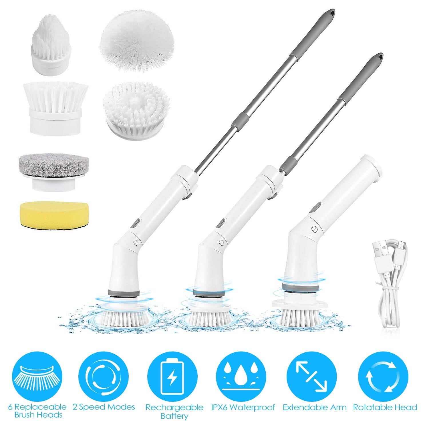 Rechargeable Telescopic Cleaning Brush 6 Replaceable Heads 2 Speed Adjustable Extension Arm