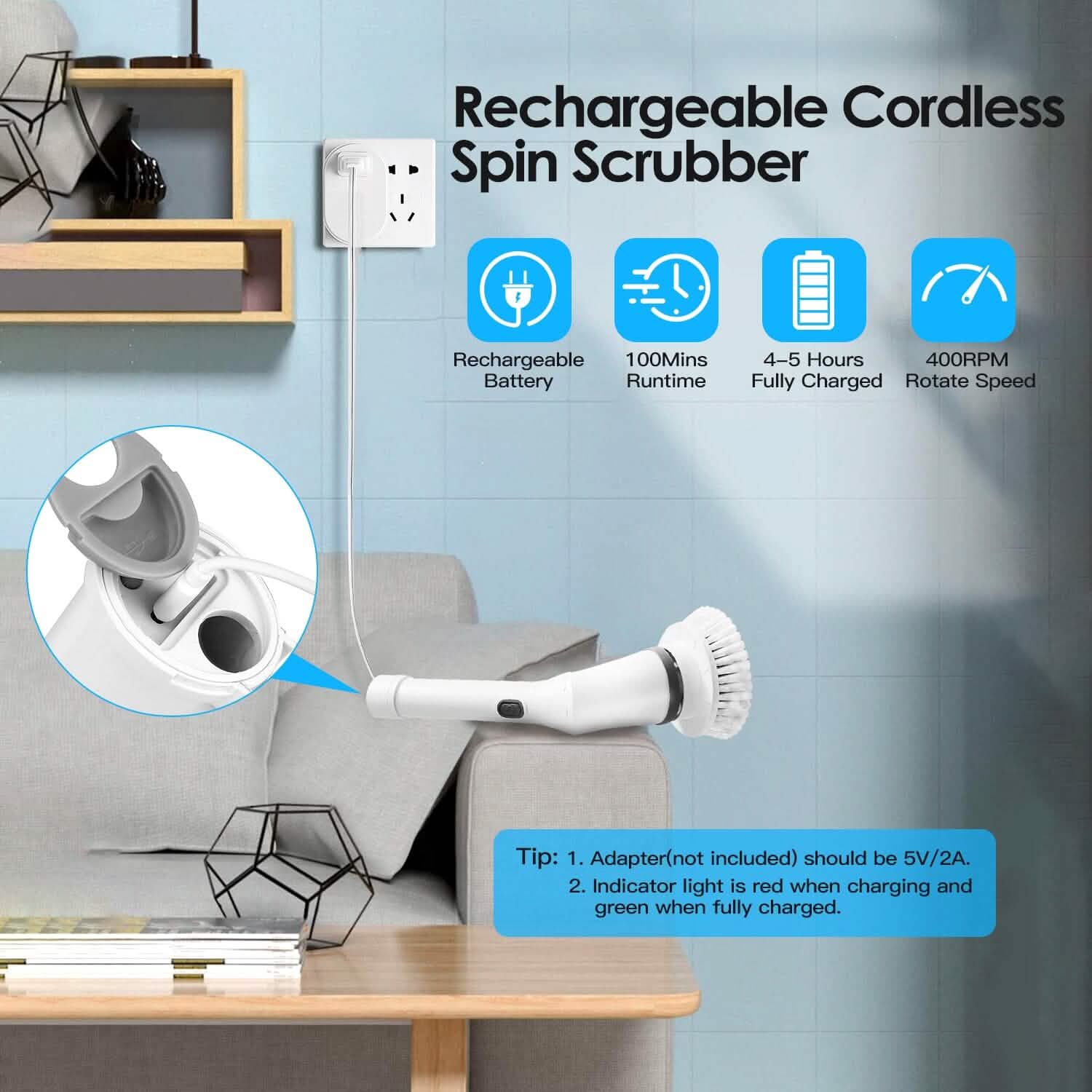 Rechargeable Telescopic Cleaning Brush 6 Replaceable Heads 2 Speed Adjustable Extension Arm
