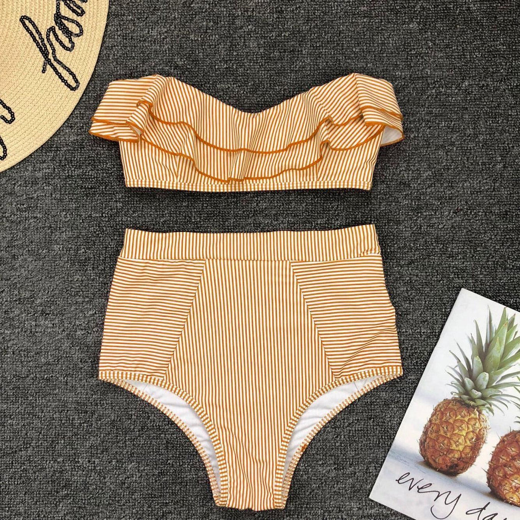 Retro Blue White Striped High Waist Bikini Lady Swimwear Women Swimsuit Female Ruffle Swim Bathing Suit  Piece Vintage High Waist Bikini Set Ruffled Swimsuits For Women Bathing Suits