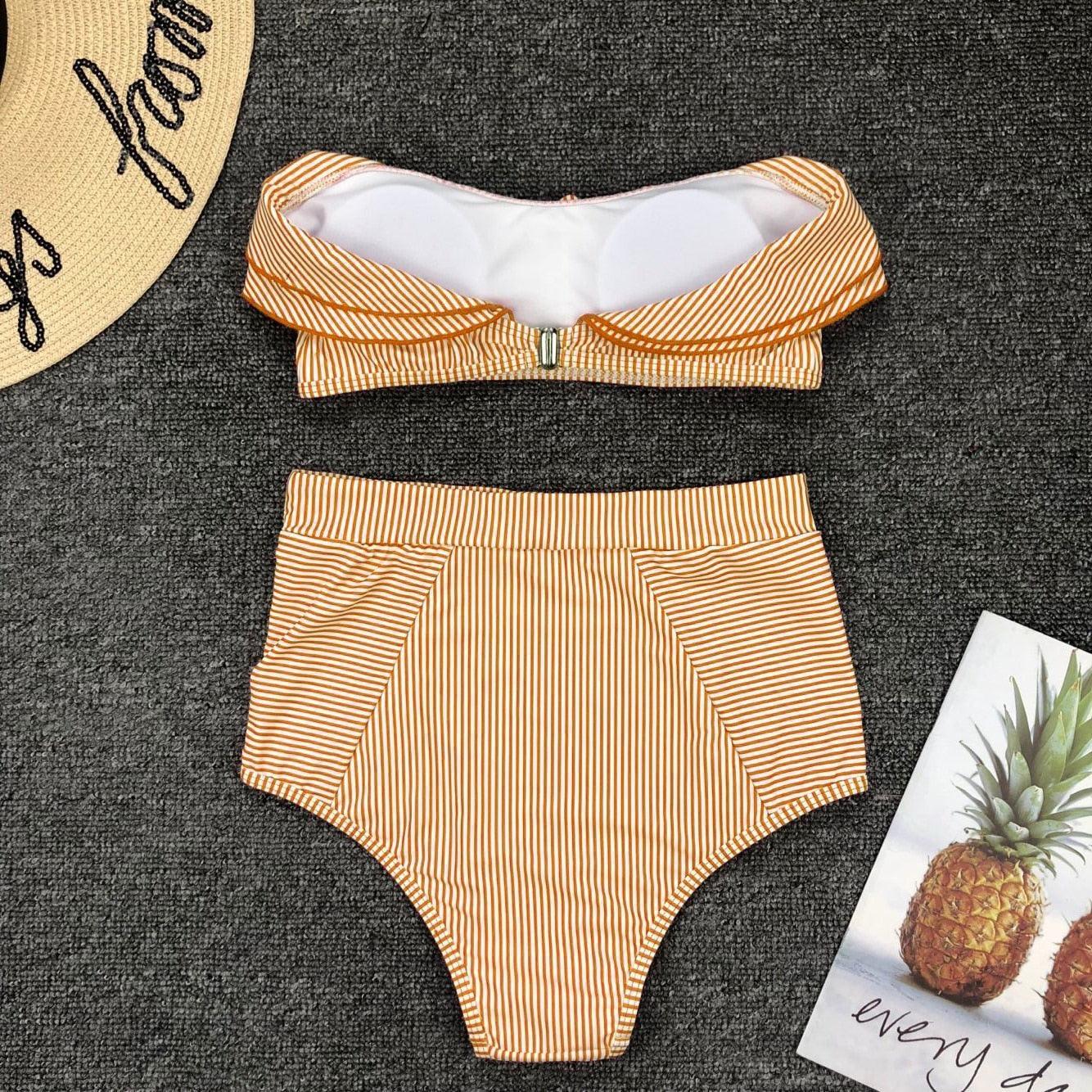 Retro Blue White Striped High Waist Bikini Lady Swimwear Women Swimsuit Female Ruffle Swim Bathing Suit  Piece Vintage High Waist Bikini Set Ruffled Swimsuits For Women Bathing Suits