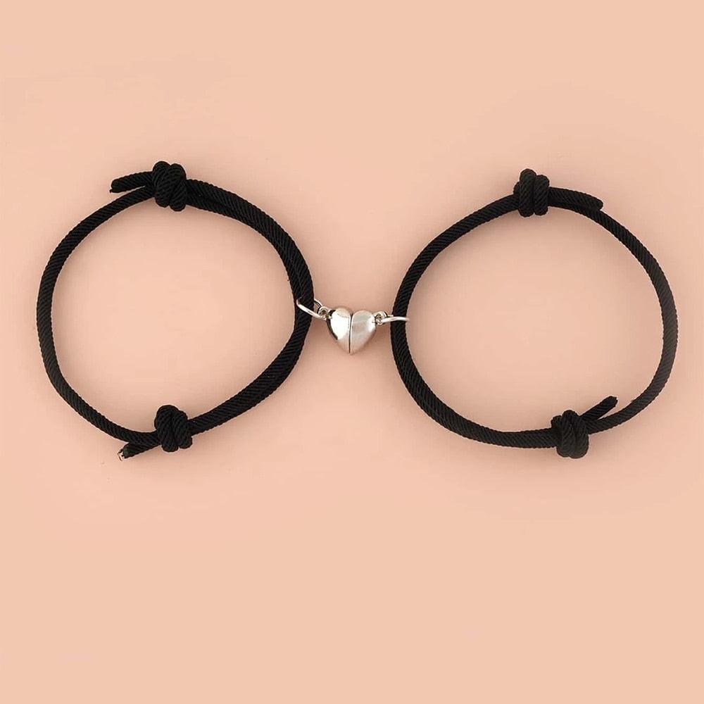 Romantic 2pcs/set Heart Magnetic Couple Bracelets Men Women Classic Black White Paired Lovers Braclet Adjustable Matching Braided Rope Bracelet Promise Friendship Bracelet Gifts For Girlfriend