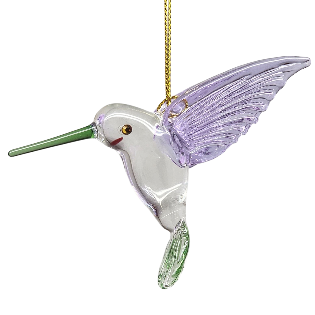 Egyptian Glass Hummingbird Ornament - Purple Wings / Green Tail / Green Beak