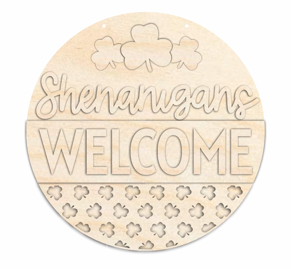 Unfinished Wood Shenanigans Welcome Door Sign Kit | Wood Craft Cutouts | 1/4" Thick |