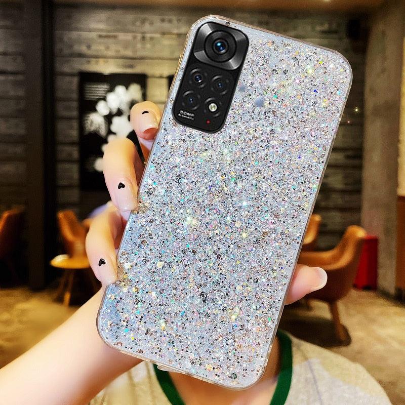 Shiny Glitter Silicone Case for Xiaomi Redmi Note 11 11S 10 10S 9 9S 9A 9C 8 8A Pro Gold Silver Foil Soft Back Cover Cute Sparkle Bling Shiny Slim Soft Reflective Clear Bumper Case for Girl Women Protective Cover