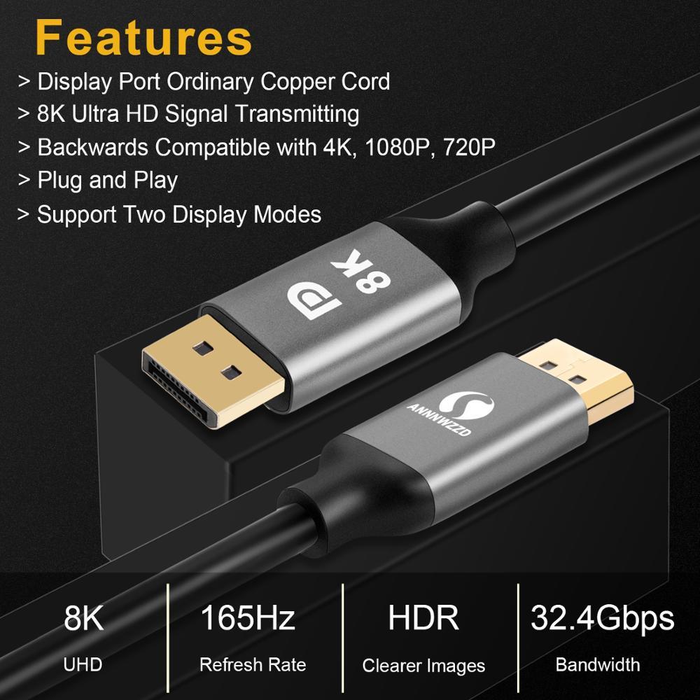 Slim And Flexible 1.4 8K HDR 60Hz 4K@144Hz 32.4Gbps DisplayPort Cable Adapter For PC Laptop TV Monitor Projector