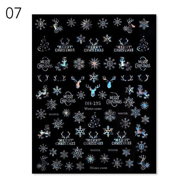 Sliver Bronzing 3D Christmas Nail Art Decoration Sticker Sparkly White Colorful Glitter Geometry Snowflake Winter Slider Foil  Christmas Snowflake Bronzing Christmas Slider Nail Art 3D Decals Decoration Decals Snowflakes Elk Bear Christmas Xmas Stickers