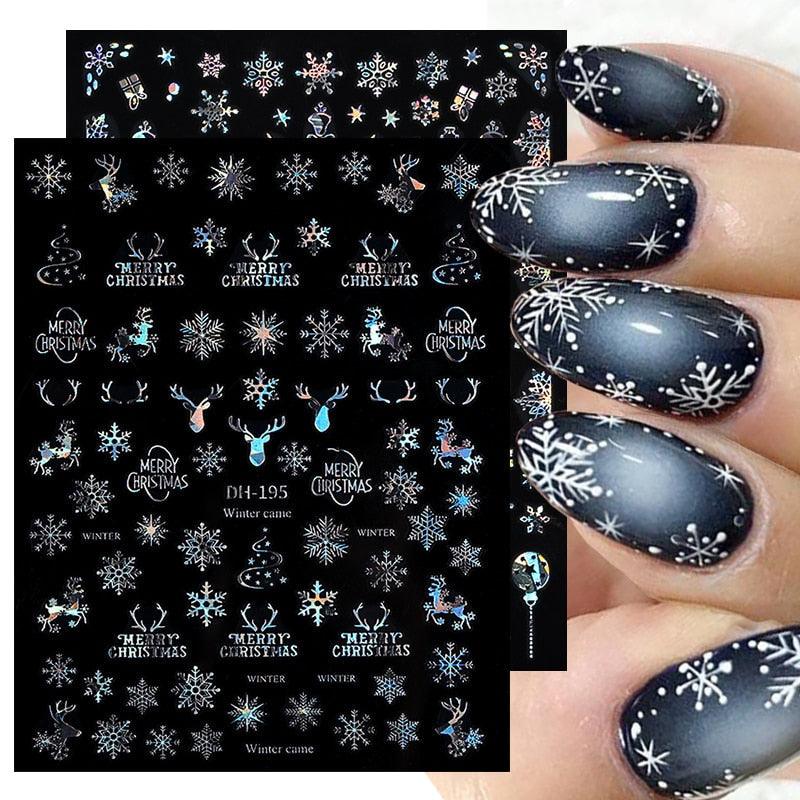 Sliver Bronzing 3D Christmas Nail Art Decoration Sticker Sparkly White Colorful Glitter Geometry Snowflake Winter Slider Foil  Christmas Snowflake Bronzing Christmas Slider Nail Art 3D Decals Decoration Decals Snowflakes Elk Bear Christmas Xmas Stickers