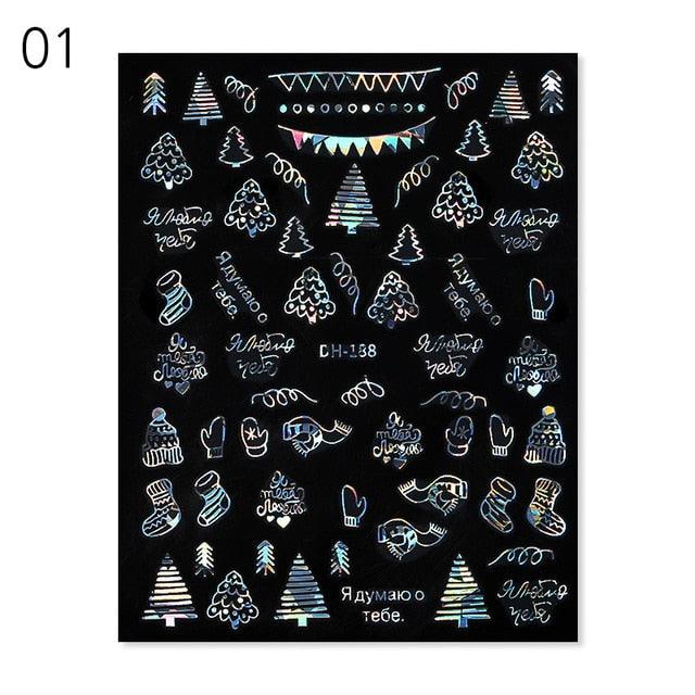 Sliver Bronzing 3D Christmas Nail Art Decoration Sticker Sparkly White Colorful Glitter Geometry Snowflake Winter Slider Foil  Christmas Snowflake Bronzing Christmas Slider Nail Art 3D Decals Decoration Decals Snowflakes Elk Bear Christmas Xmas Stickers