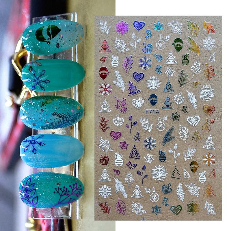 Sliver Bronzing 3D Christmas Nail Art Decoration Sticker Sparkly White Colorful Glitter Geometry Snowflake Winter Slider Foil  Christmas Snowflake Bronzing Christmas Slider Nail Art 3D Decals Decoration Decals Snowflakes Elk Bear Christmas Xmas Stickers