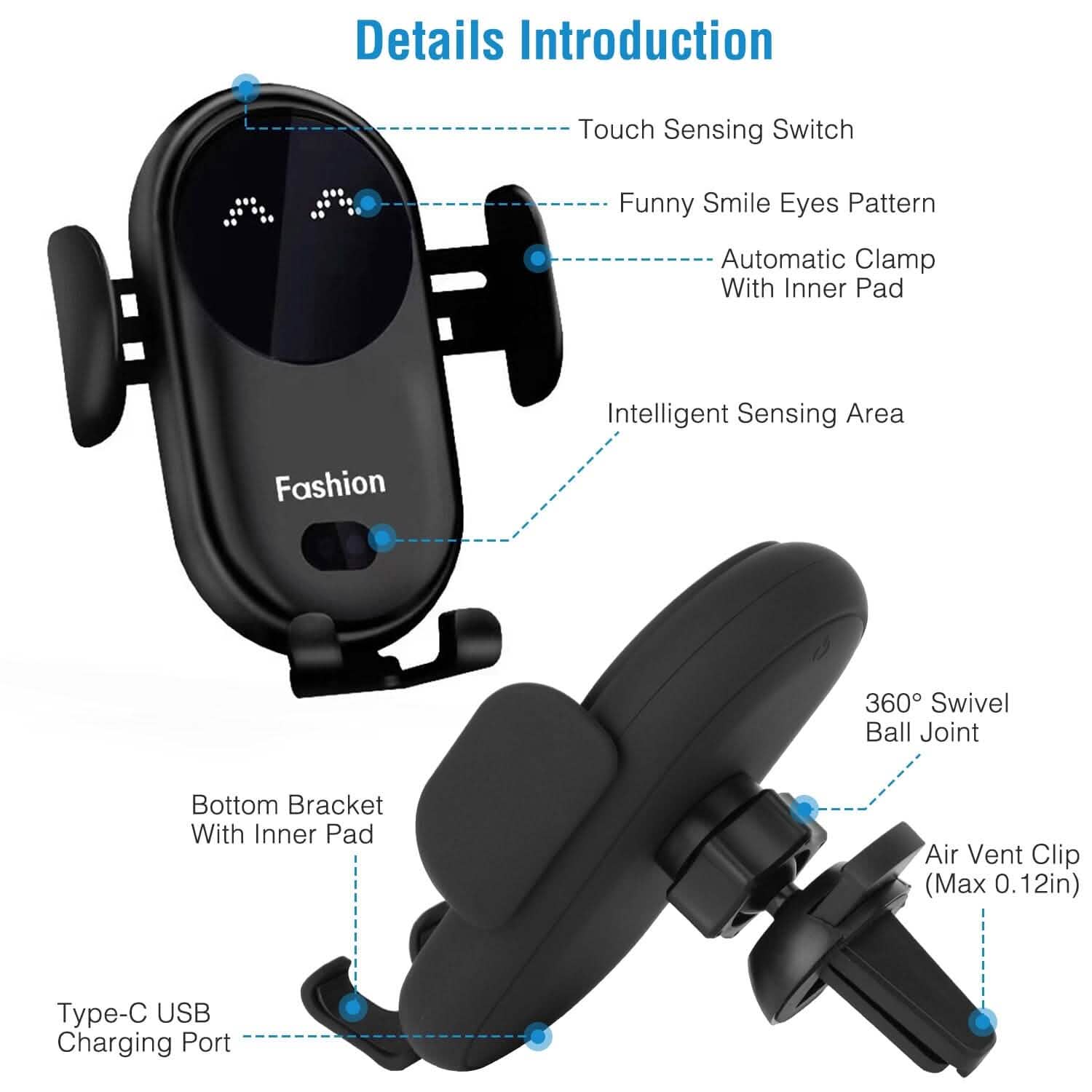 Smart Car Wireless Charger Auto Sensing Phone Holder 10W Qi Fast Charging Air Vent