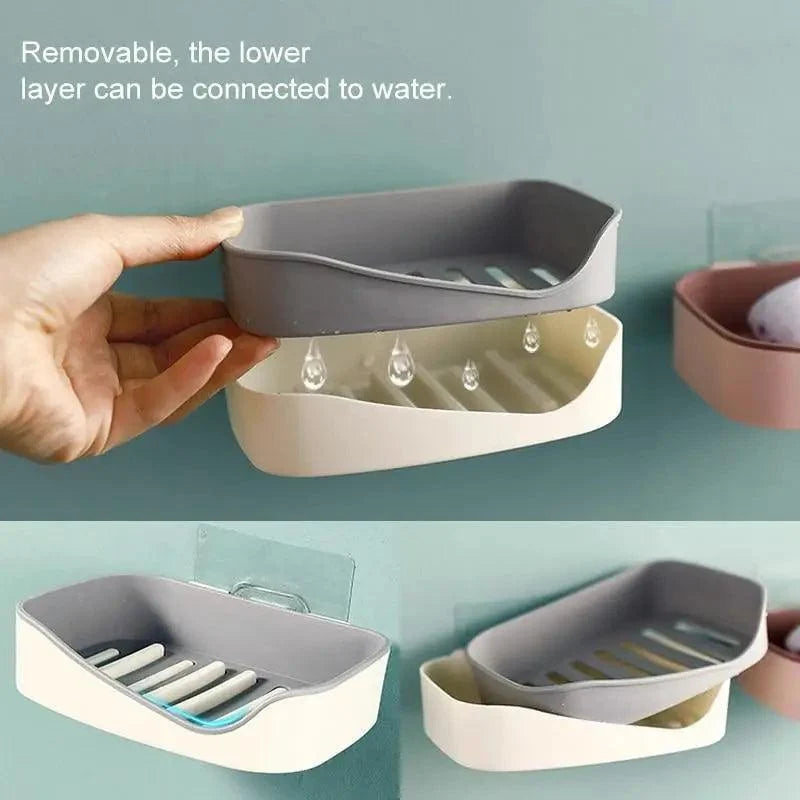 Soap Rack No Drilling Wall Mounted Double Layer Soap Holder Soap Sponge Dish Bathroom Accessories Soap Dishes Self Adhesive Soap Dish Bar Soap Holder Soap Dishes Tray Saver Case Box for Shower Bathroom Kitchen Dish Drainer Drying Rack