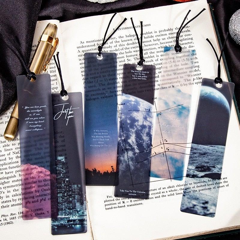 Space Tour Series Bookmark PVC Reading Book Mark Dusk Moon Book Page Marker Stationery Supplies Bookmarks Creative Colored Bookmarks For Teacher Student Kids Classroom School Office Stationery Supply Beautiful Space Bookmarks