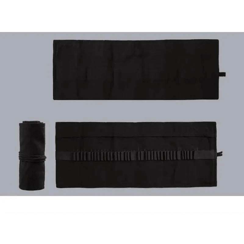 Students Roll Design Black Color Pencil Retro Canvas Wrap Up Pencil Case High Quality Stationary Pouch