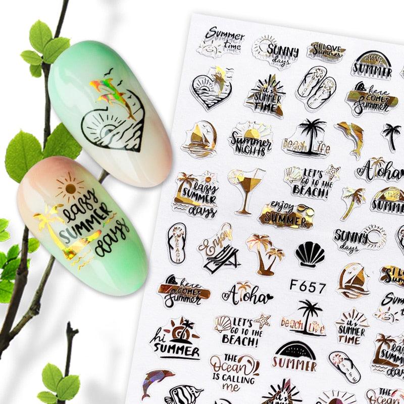 Summer Glitter Nail Decals Stickers Gold Black White Leaf Manicuring Foils Geometric Slider Nail Art Adhesive Decor Adhesive 3D Wave Design Decoration for Women Girls Art Stickers Decal Decoration Metallic Curve Strip Line Nail Decor