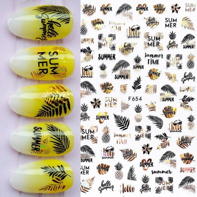 Summer Glitter Nail Decals Stickers Gold Black White Leaf Manicuring Foils Geometric Slider Nail Art Adhesive Decor Adhesive 3D Wave Design Decoration for Women Girls Art Stickers Decal Decoration Metallic Curve Strip Line Nail Decor