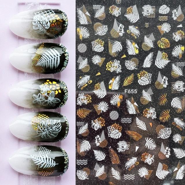 Summer Glitter Nail Decals Stickers Gold Black White Leaf Manicuring Foils Geometric Slider Nail Art Adhesive Decor Adhesive 3D Wave Design Decoration for Women Girls Art Stickers Decal Decoration Metallic Curve Strip Line Nail Decor