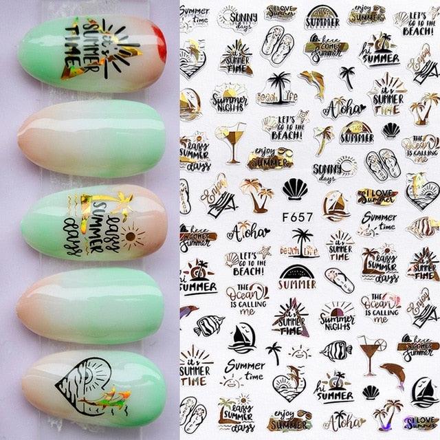 Summer Glitter Nail Decals Stickers Gold Black White Leaf Manicuring Foils Geometric Slider Nail Art Adhesive Decor Adhesive 3D Wave Design Decoration for Women Girls Art Stickers Decal Decoration Metallic Curve Strip Line Nail Decor