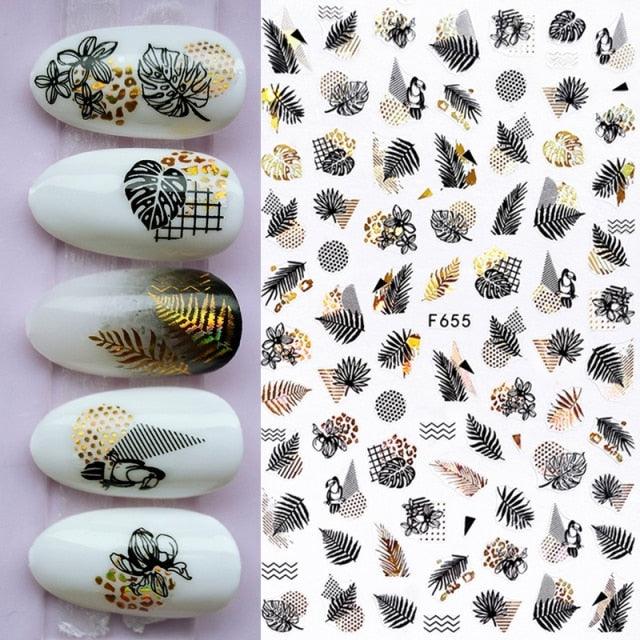 Summer Glitter Nail Decals Stickers Gold Black White Leaf Manicuring Foils Geometric Slider Nail Art Adhesive Decor Adhesive 3D Wave Design Decoration for Women Girls Art Stickers Decal Decoration Metallic Curve Strip Line Nail Decor