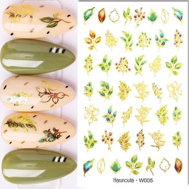 Summer Glitter Nail Decals Stickers Gold Black White Leaf Manicuring Foils Geometric Slider Nail Art Adhesive Decor Adhesive 3D Wave Design Decoration for Women Girls Art Stickers Decal Decoration Metallic Curve Strip Line Nail Decor