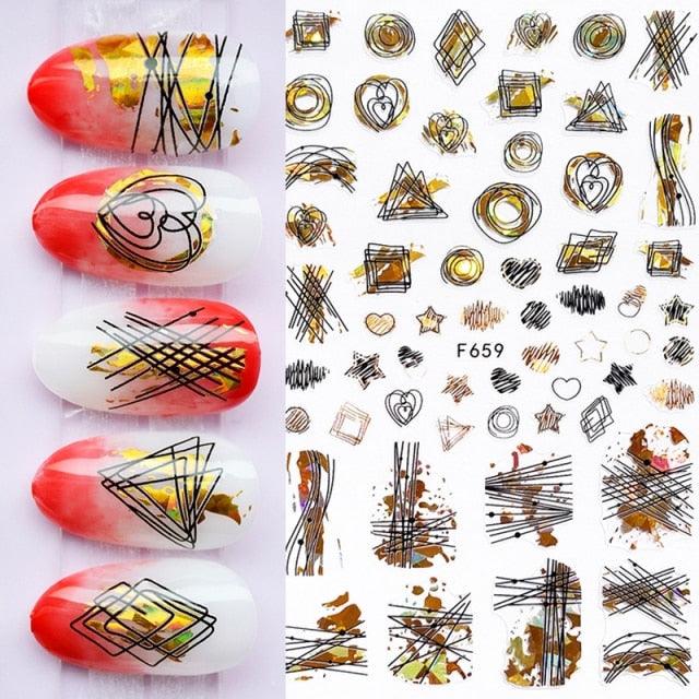 Summer Glitter Nail Decals Stickers Gold Black White Leaf Manicuring Foils Geometric Slider Nail Art Adhesive Decor Adhesive 3D Wave Design Decoration for Women Girls Art Stickers Decal Decoration Metallic Curve Strip Line Nail Decor