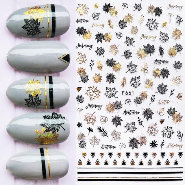 Summer Glitter Nail Decals Stickers Gold Black White Leaf Manicuring Foils Geometric Slider Nail Art Adhesive Decor Adhesive 3D Wave Design Decoration for Women Girls Art Stickers Decal Decoration Metallic Curve Strip Line Nail Decor