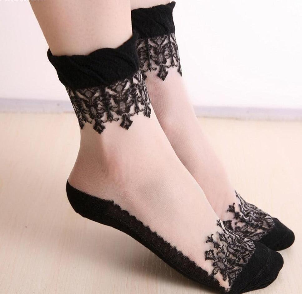 Summer Ladies Lace Embroidery Silk Transparent Glass Crystal Stretch Women Socks Breathable See Through Socks Ankle Socks For Women