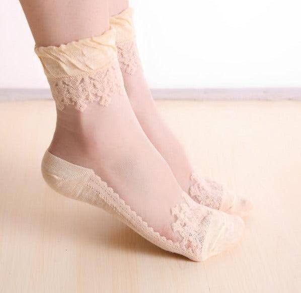 Summer Ladies Lace Embroidery Silk Transparent Glass Crystal Stretch Women Socks Breathable See Through Socks Ankle Socks For Women