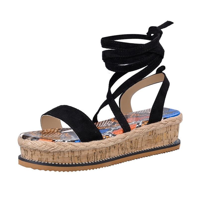 Summer Sandals Women Platform Shoes Candy Color Casual Girls Slip On Strap Cross Platform Espadrille Open Toe High Heel Sandals With Ankle Strap Buckle Up Shoes