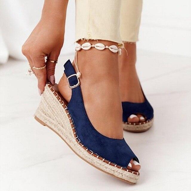Summer Sandals Women Platform Shoes Candy Color Casual Girls Slip On Strap Cross Platform Espadrille Open Toe High Heel Sandals With Ankle Strap Buckle Up Shoes