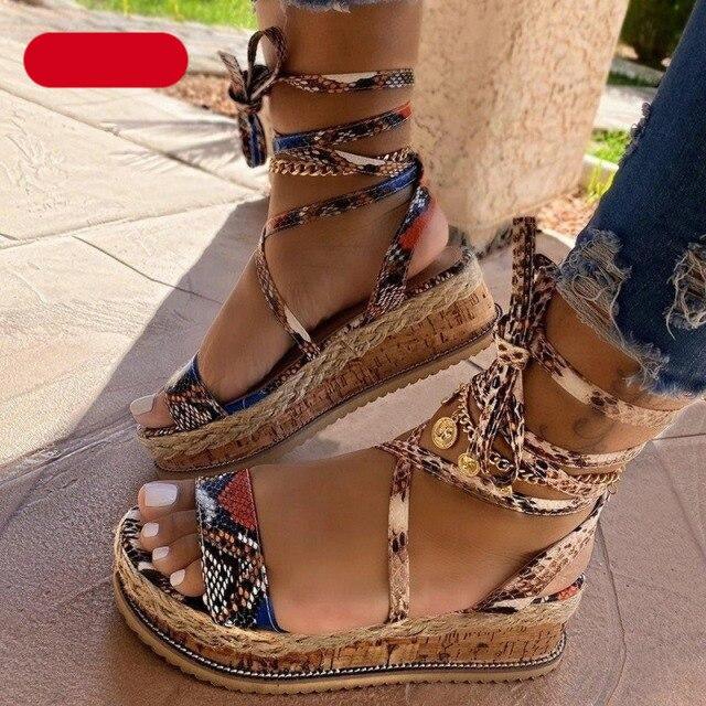 Summer Sandals Women Platform Shoes Candy Color Casual Girls Slip On Strap Cross Platform Espadrille Open Toe High Heel Sandals With Ankle Strap Buckle Up Shoes