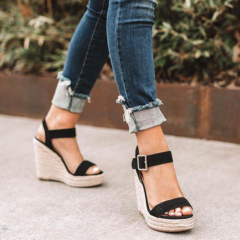 Summer Sandals Women Platform Shoes Candy Color Casual Girls Slip On Strap Cross Platform Espadrille Open Toe High Heel Sandals With Ankle Strap Buckle Up Shoes