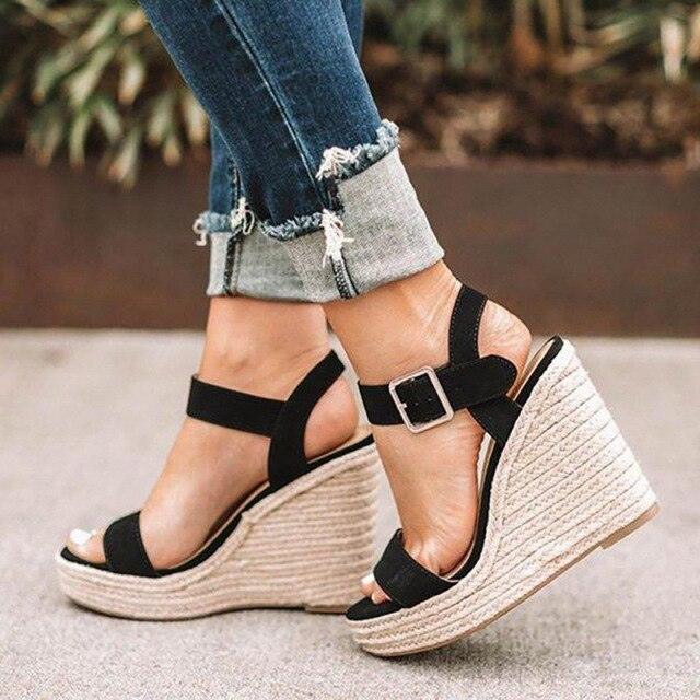 Summer Sandals Women Platform Shoes Candy Color Casual Girls Slip On Strap Cross Platform Espadrille Open Toe High Heel Sandals With Ankle Strap Buckle Up Shoes