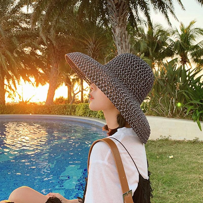 Summer Vintage Style Hat Women Girls Solid Color Beach Summer Big Sun Hat Breathable Elegant Color Anti-UV Holiday Beach Hat Holiday  Big Sun Cap For Traveling Charming Design