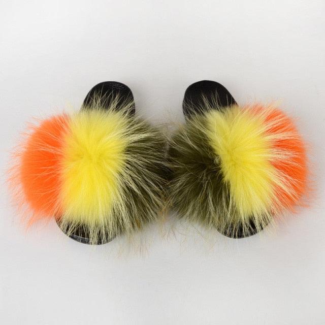 Summer Women Raccoon Fur Slippers Plush Slides Furry Sandals Fluffy House Shoes Girl's Cute Flip Flops Sandal With Soft Furry Faux Fox Fur House Outdoor Multicolor Slippers